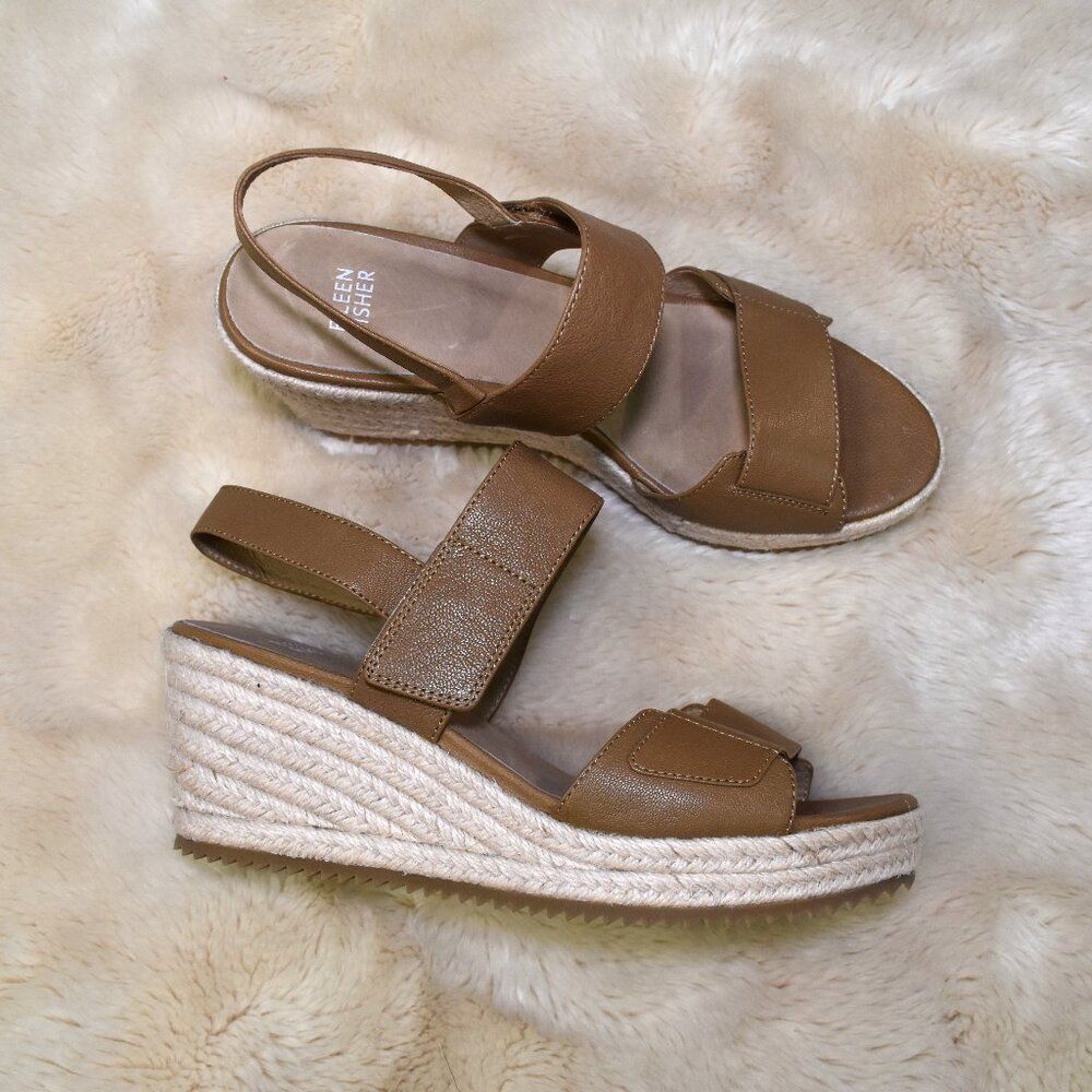 Eileen Fisher Winnie Espadrille Wedge Sandals 8.5 Brown Jute Platform - Picture 4 of 16